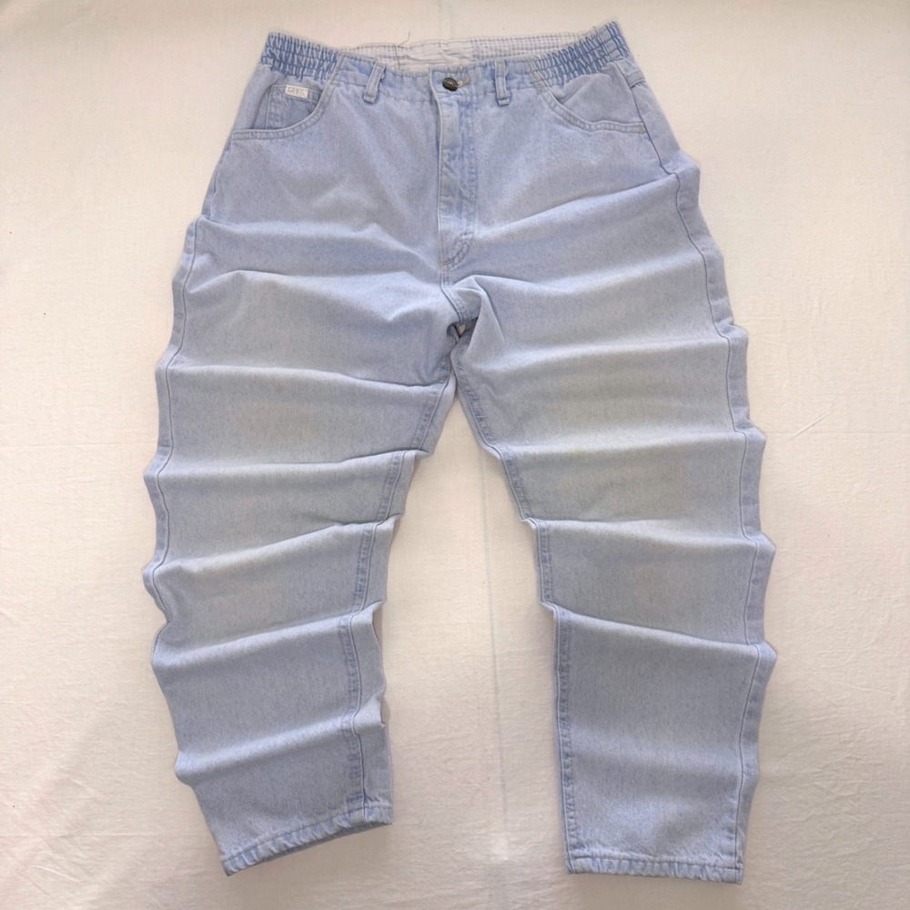 Vintage 80s Lee Womens 14 MED Light Wash Elastic Waist High Rise Mom Jeans USA